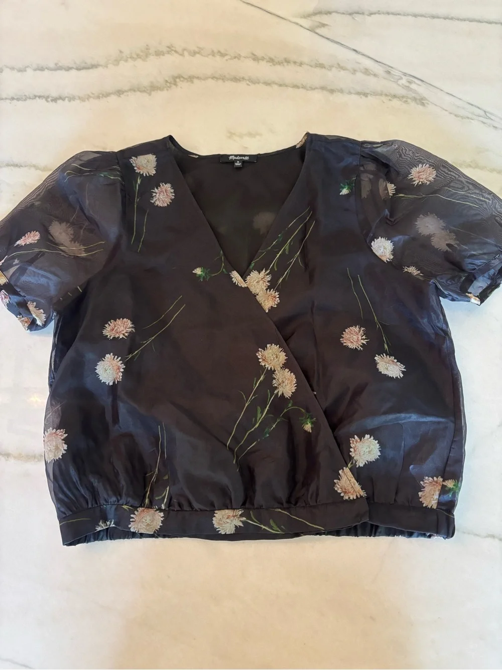 Madewell 100% Silk Organza Puff-Sleeve Floral Wrap Top Sheer Size M